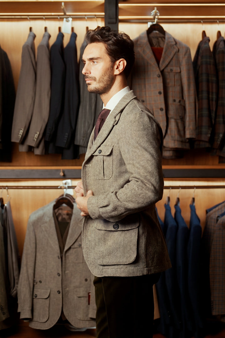 The Safari Jacket, beige and brown Donegal tweed – worn in the shop