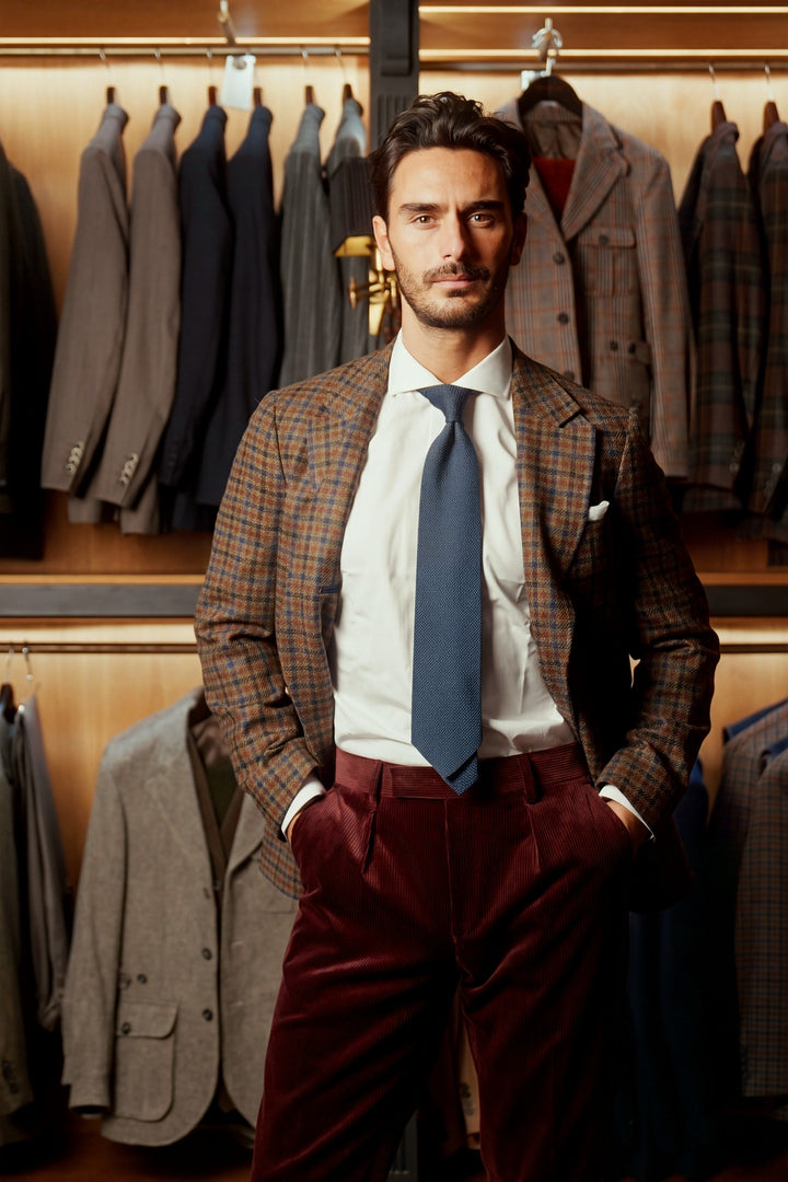 The Classic Sport, wine-red wide-wale corduroy – worn in the shop