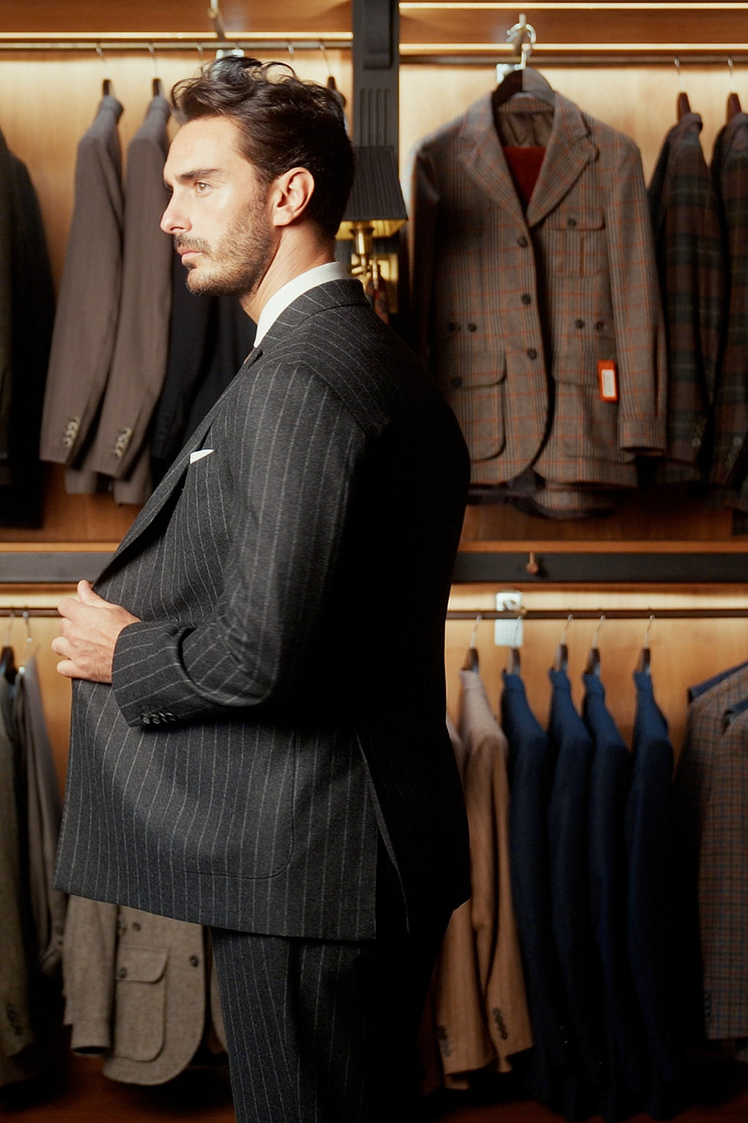 Le Naples, charcoal flannel with tennis stripes – worn in the shop