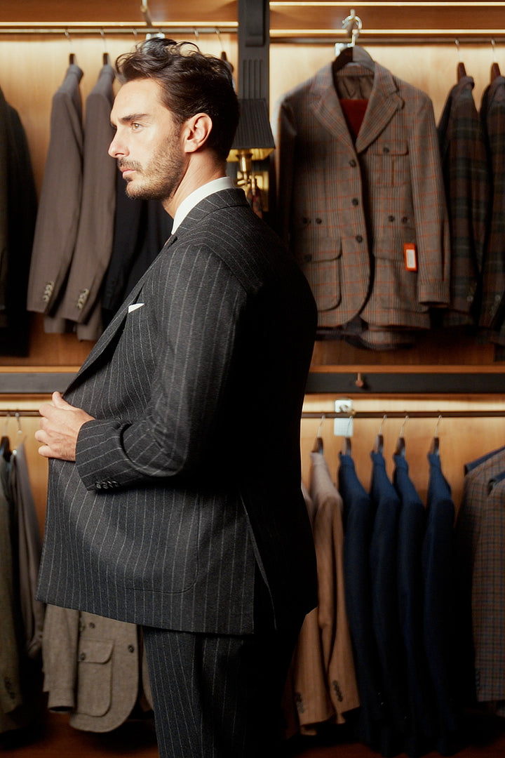 Le Naples, charcoal flannel with tennis stripes – worn in the shop