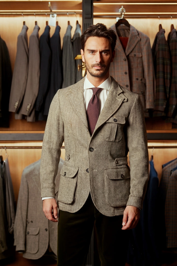 The Safari Jacket, beige and brown Donegal tweed – worn in the shop