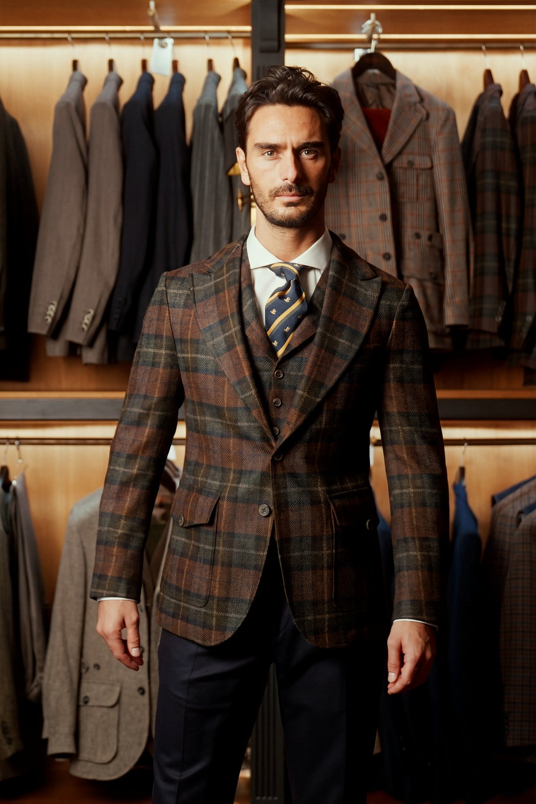 La Downton, brown and green Shetland check – worn in the shop