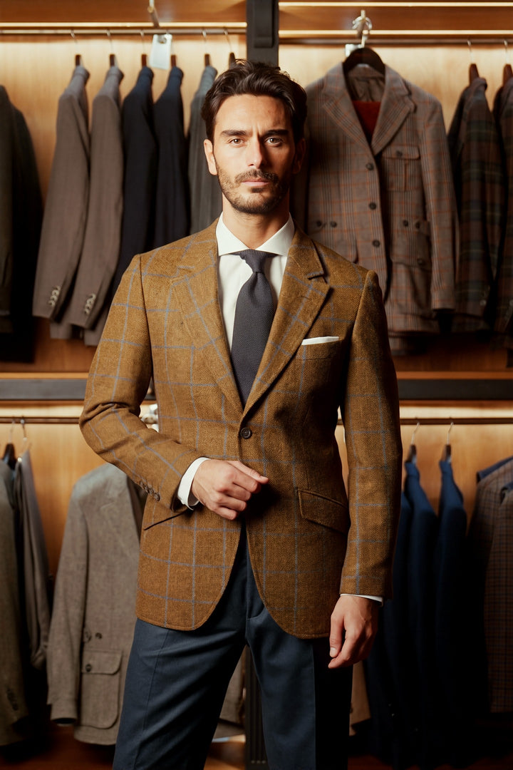 La Kensington, beige tweed with navy and sky blue checks – worn in the shop