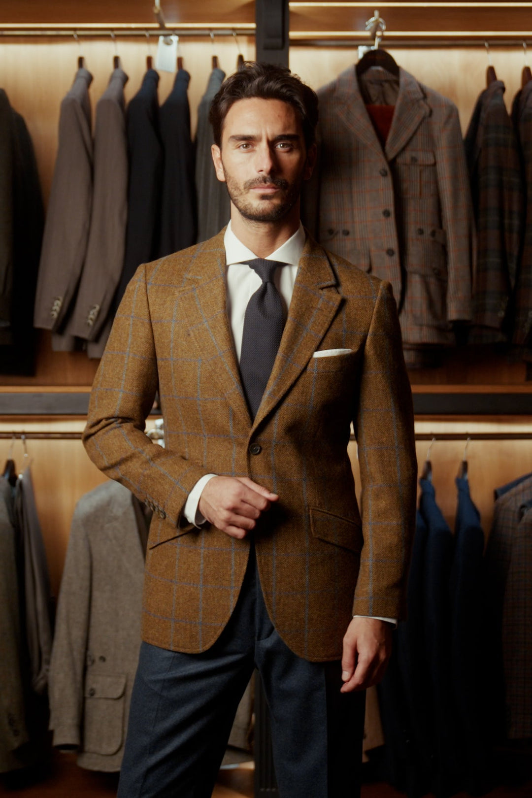 The Waistcoat – Beige tweed with navy and sky blue checks