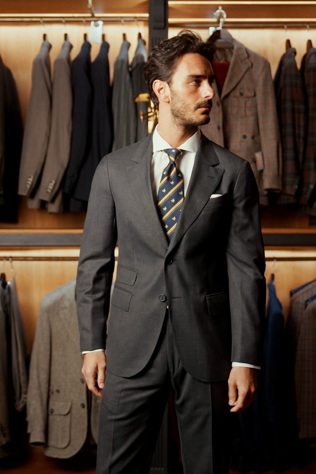 Le Turin, bright grey textured wool – worn in the shop