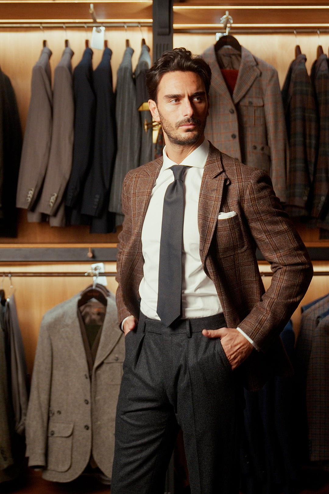 The Classic, charcoal grey flannel – worn in the shop
