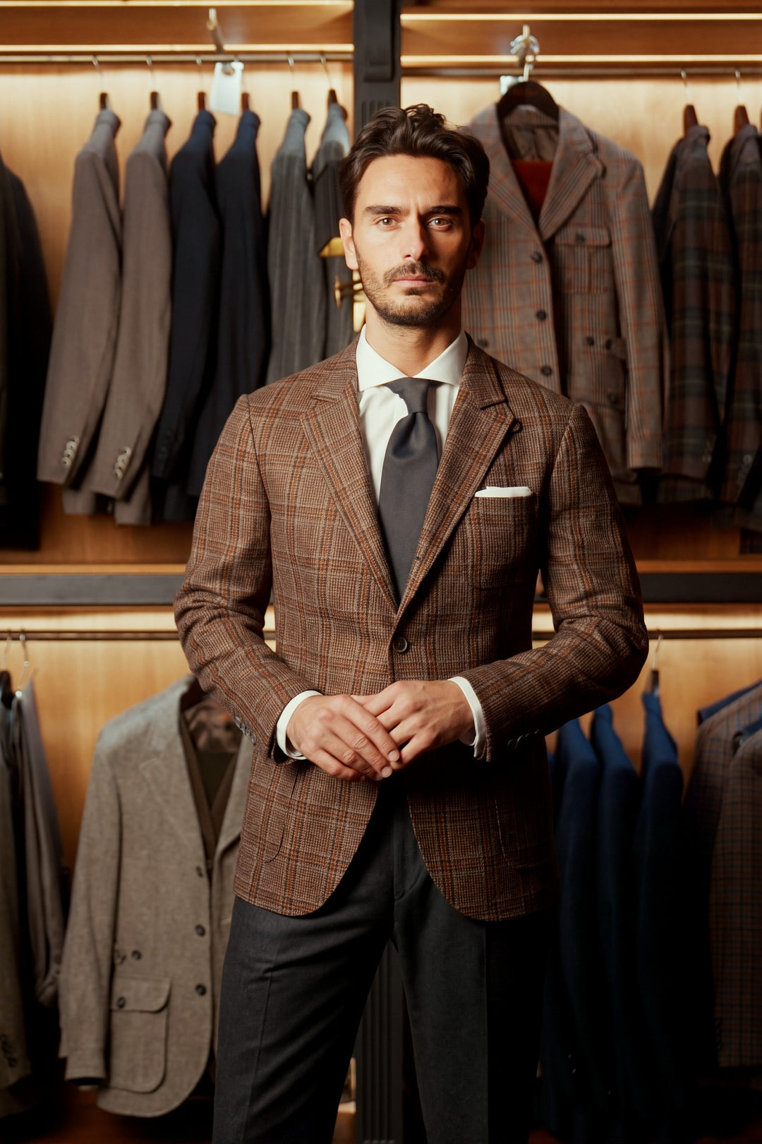 La Milan, brown and beige wool and cashmere tweed – worn in the shop