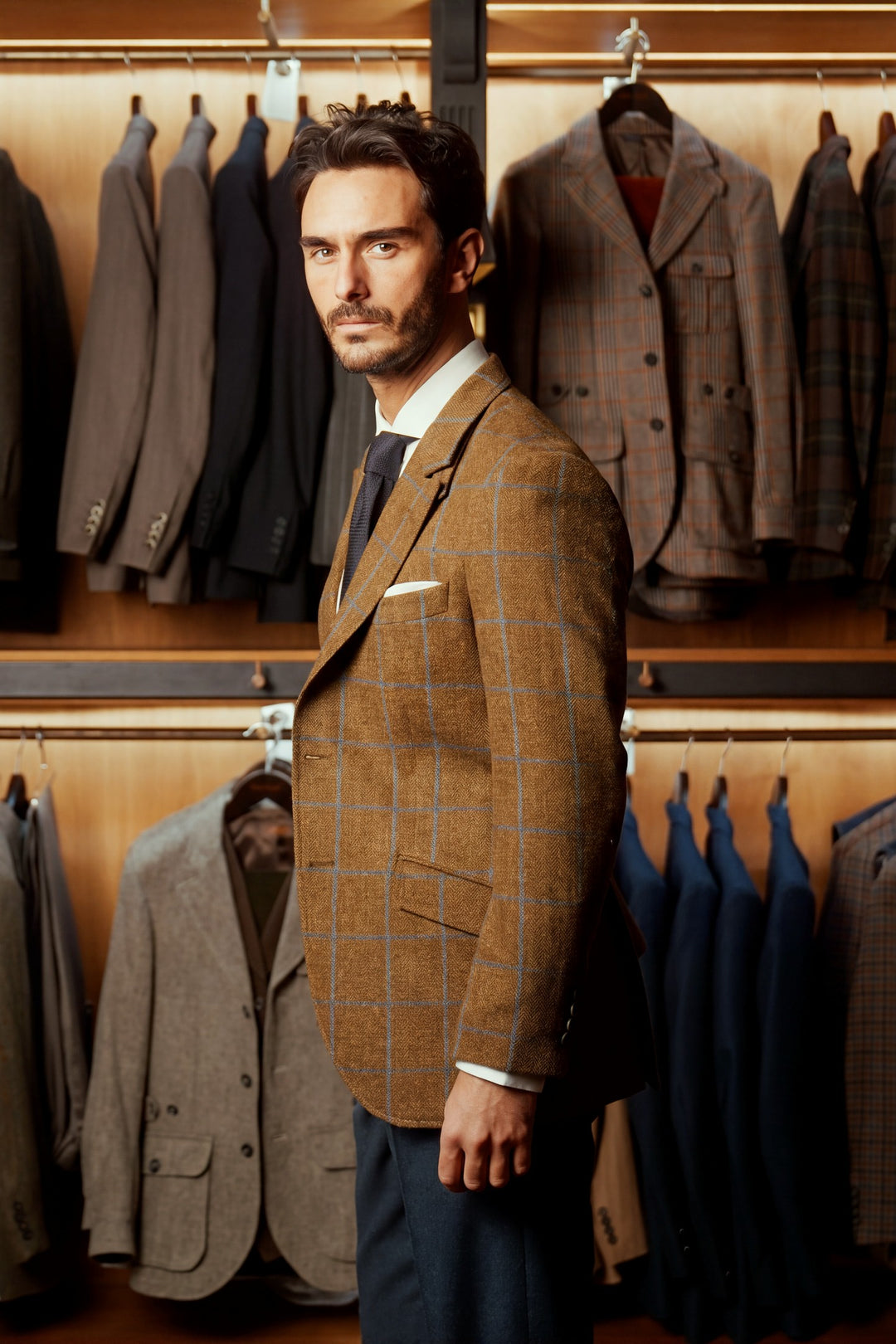 La Kensington, beige tweed with navy and sky blue checks – worn in the shop