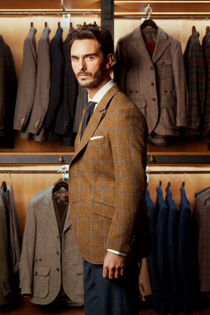 La Kensington, beige tweed with navy and sky blue checks – worn in the shop