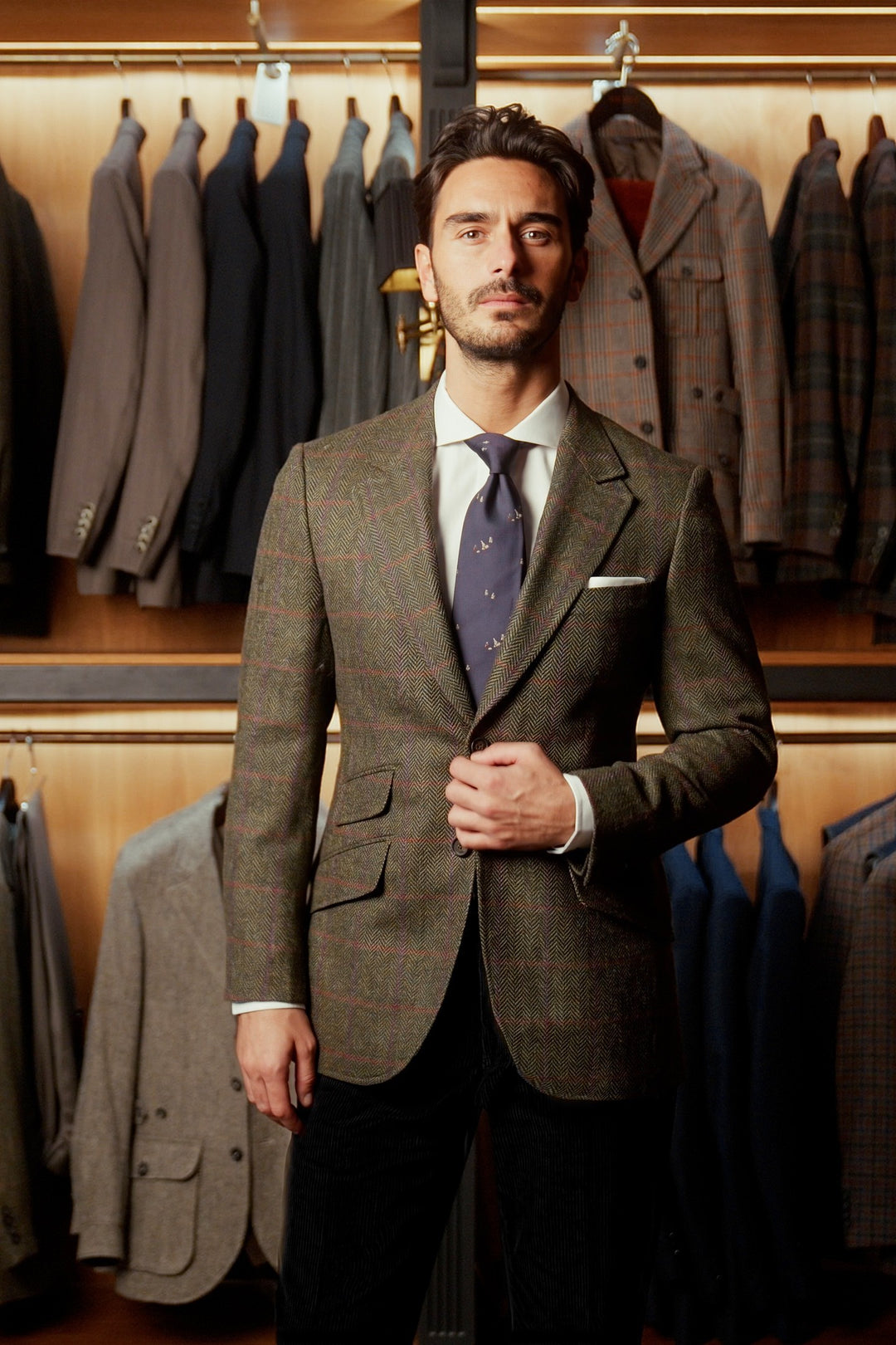 The Classic Sport, deep blue wide-wale corduroy – worn in the shop