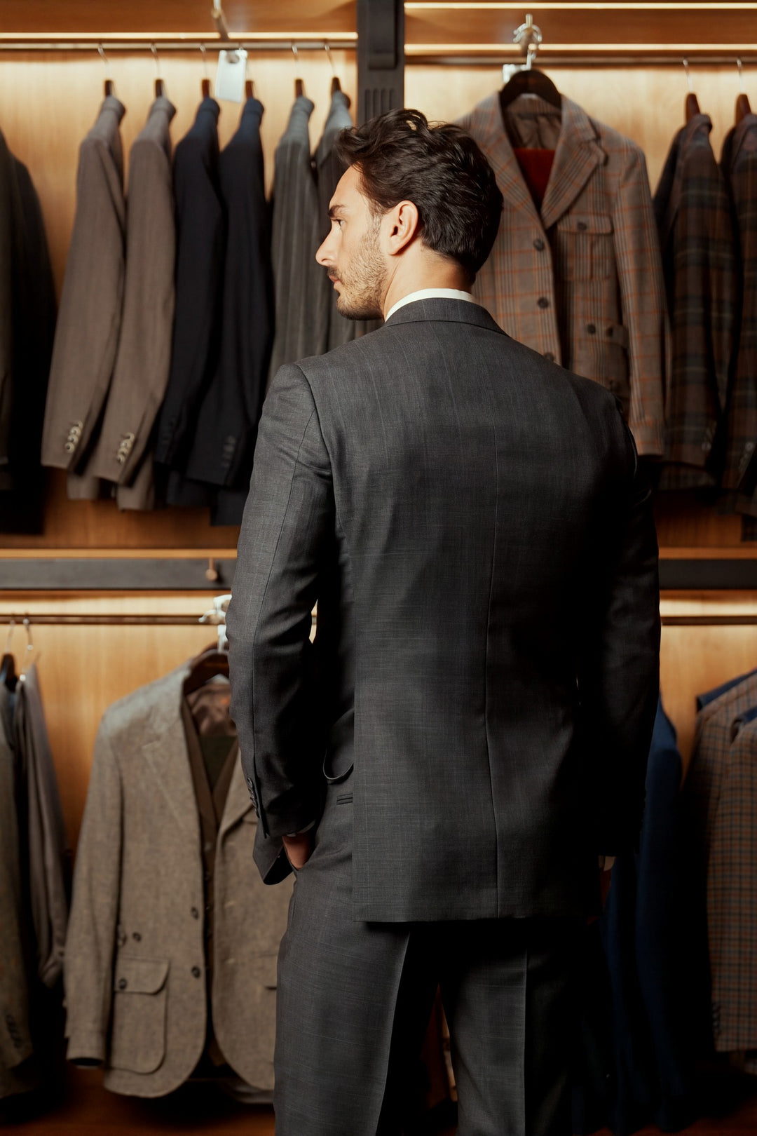 Le Kensington, charcoal and sky blue Prince of Wales check – worn in the shop