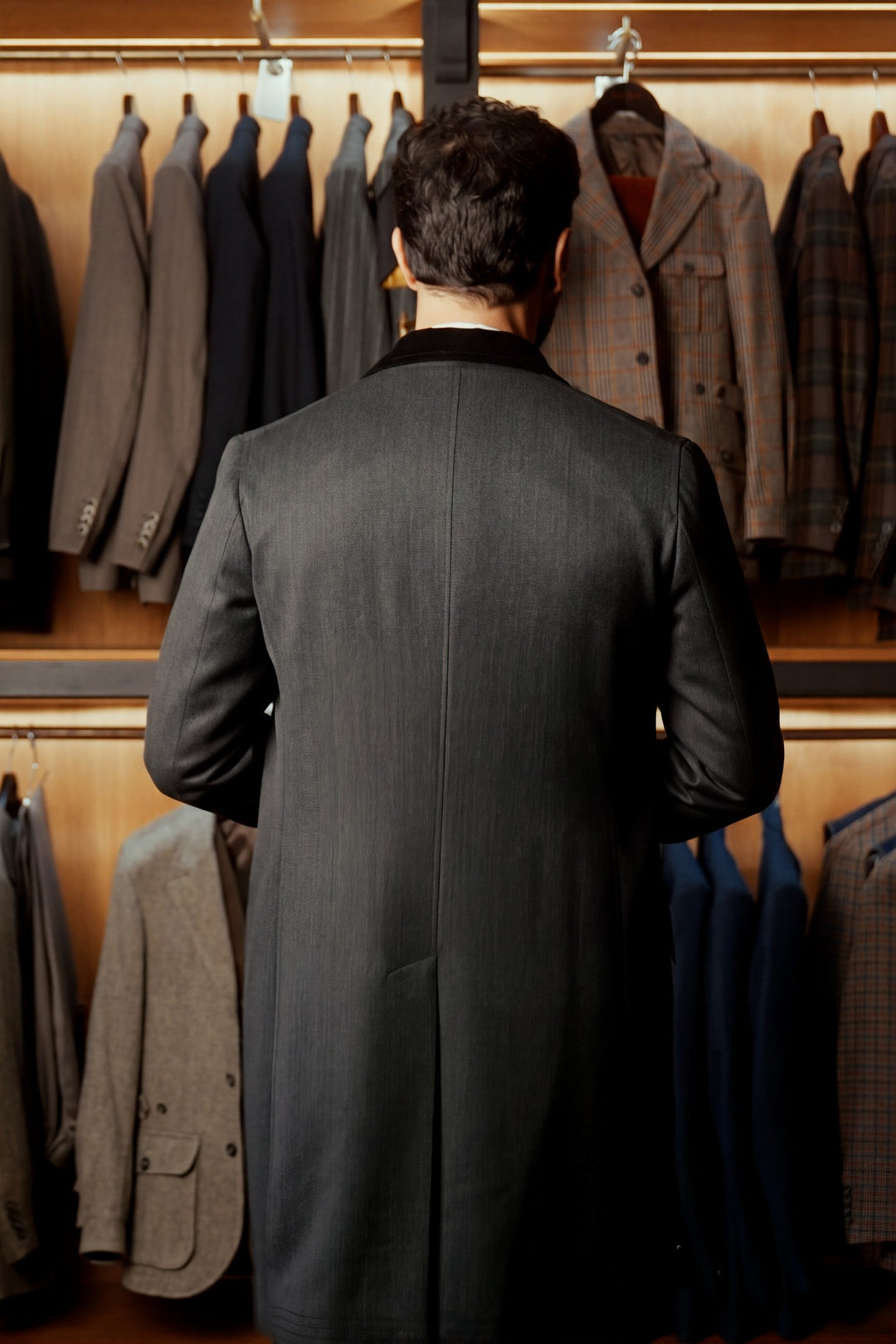 Le Vittorio, charcoal whipcord with a velvet collar – worn in the shop