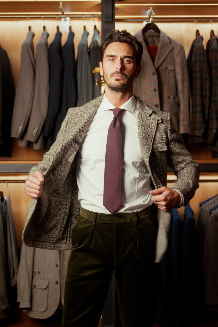 The Safari Jacket, beige and brown Donegal tweed – worn in the shop