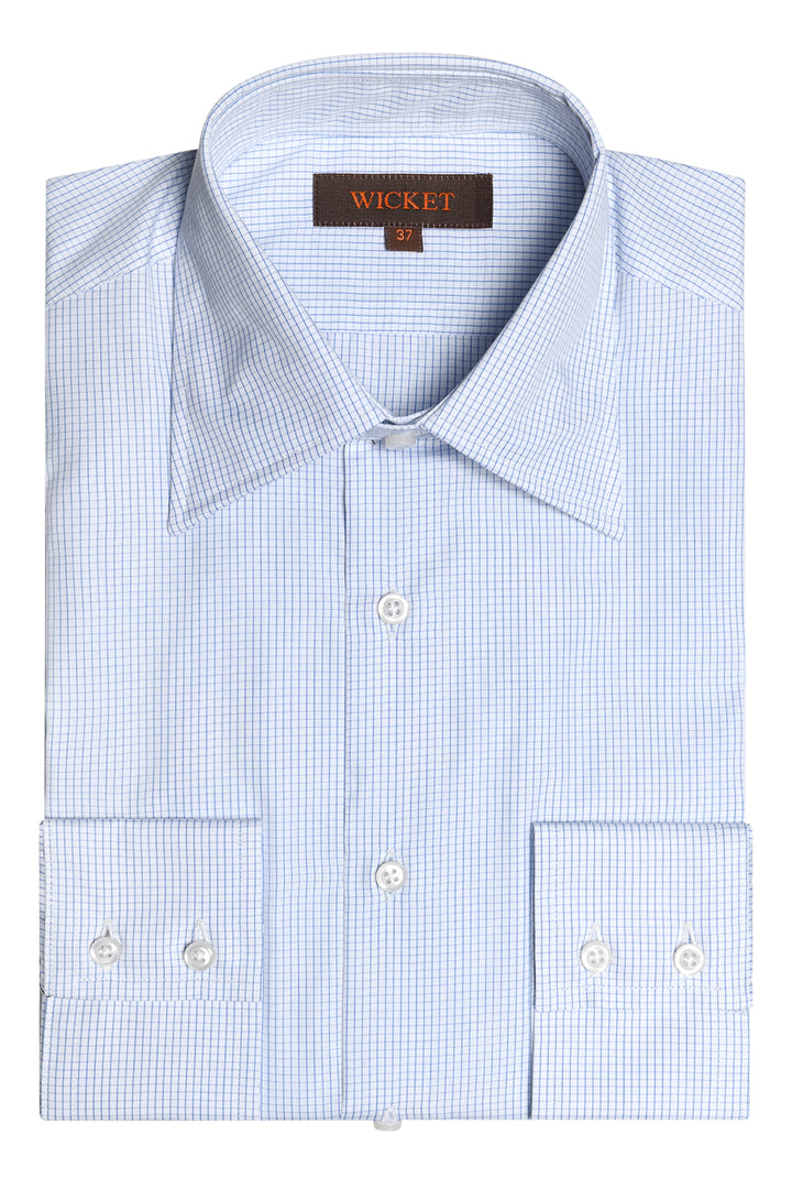 The Cotton Poplin – Small sky blue check with French collar – WICKET