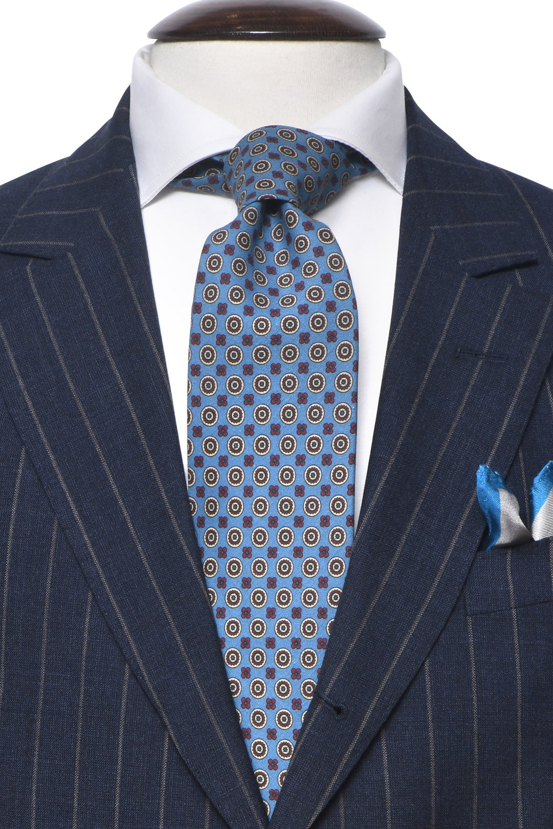 The Tie – Sky blue silk with burgundy medallions – WICKET