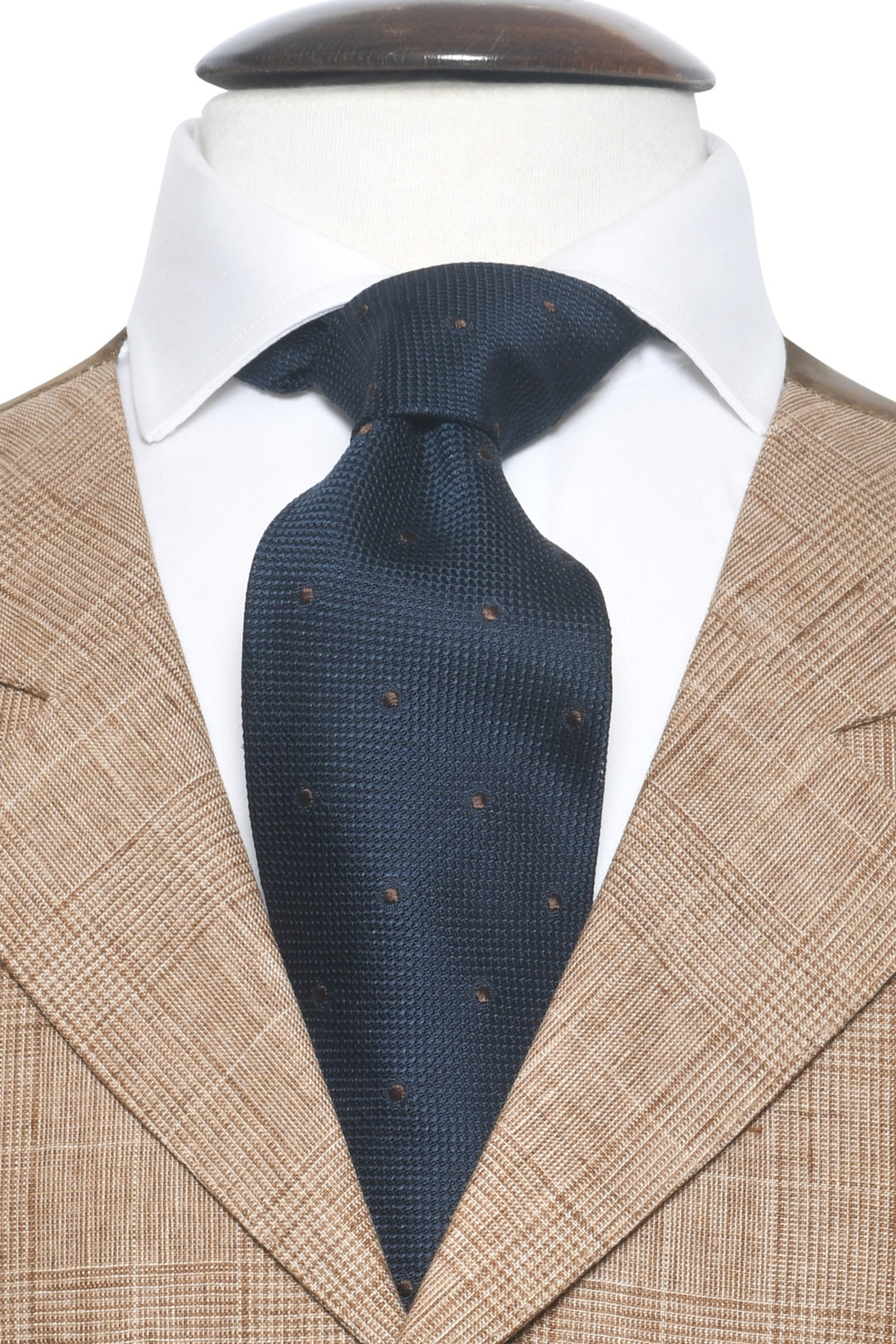 The Tie – Navy silk with brown polka dots – WICKET