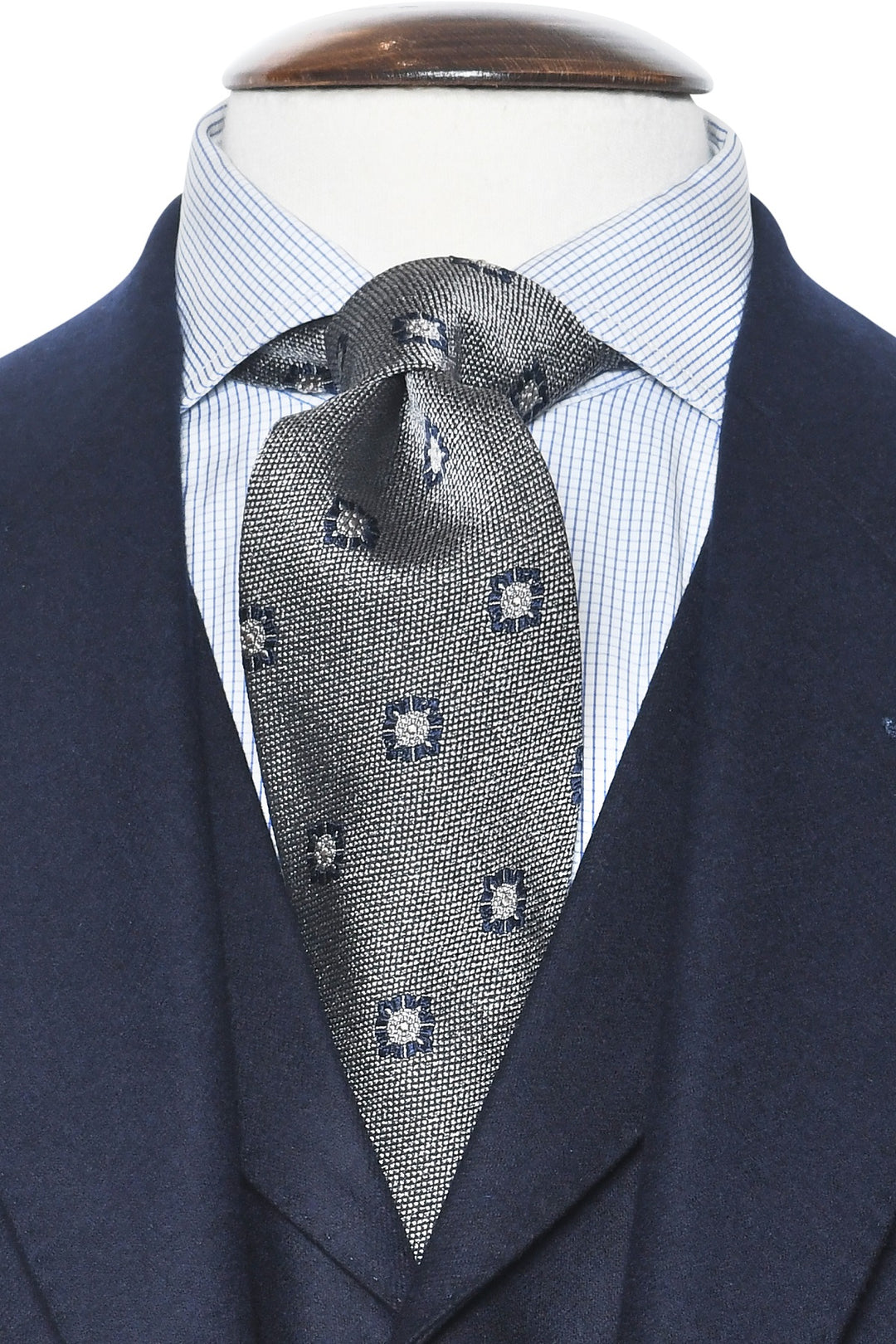 The Tie – Silver grey silk with navy flowers – WICKET