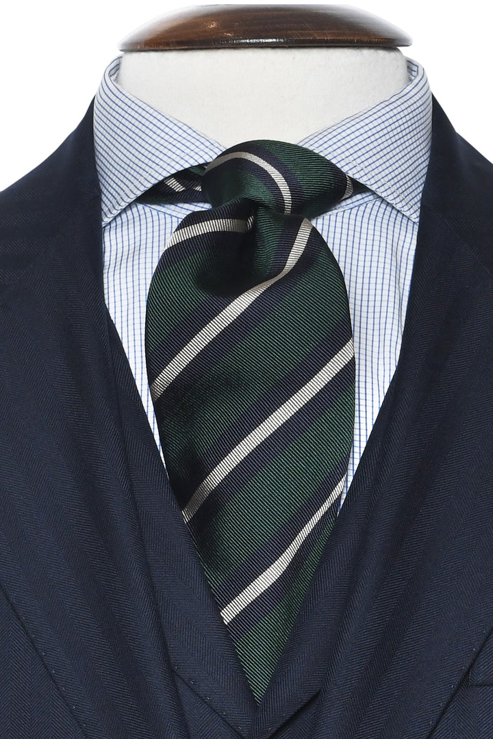 The Tie – Fir green and navy silk with white stripes – WICKET