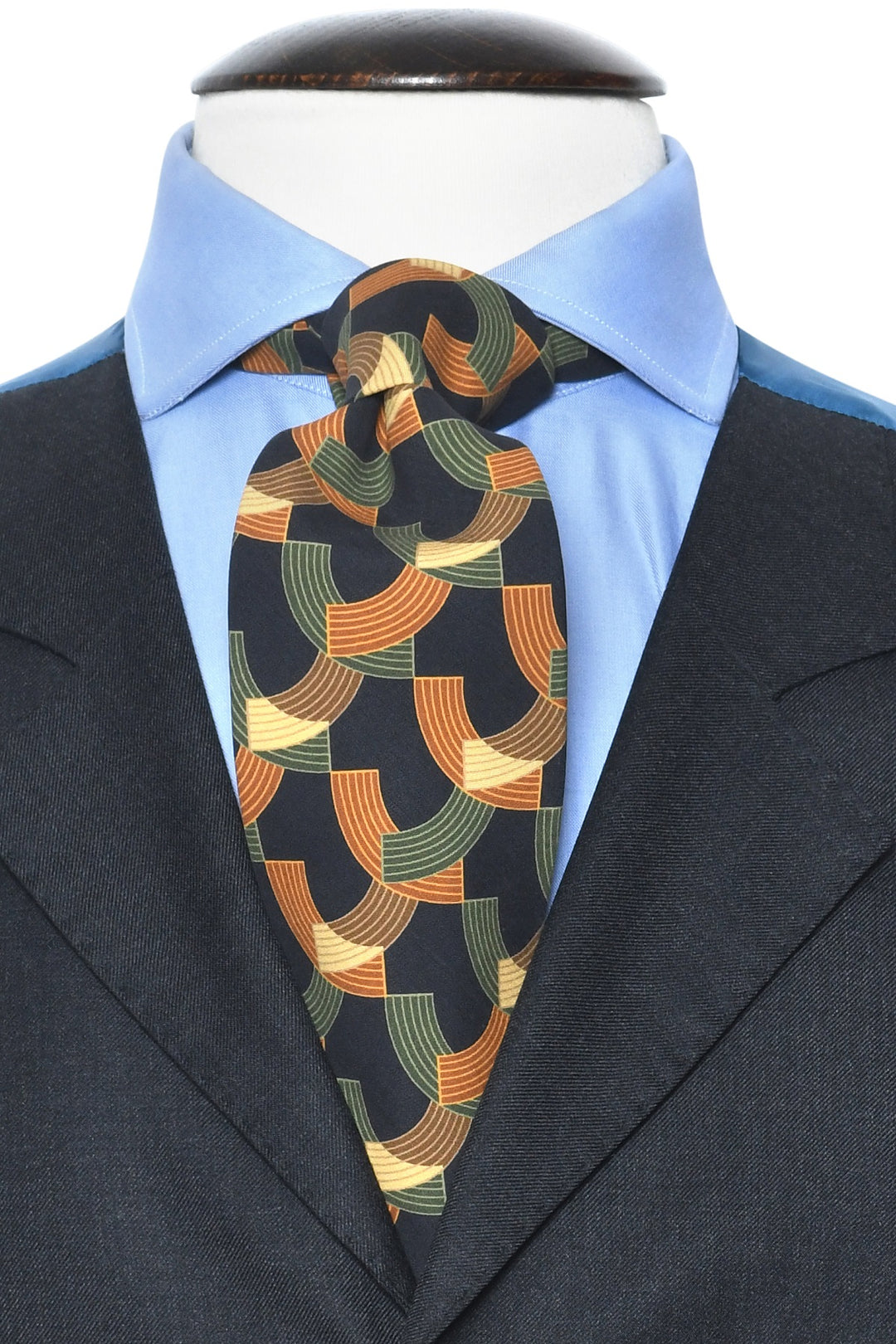 The Tie – Midnight blue silk with orange and green arcs – WICKET