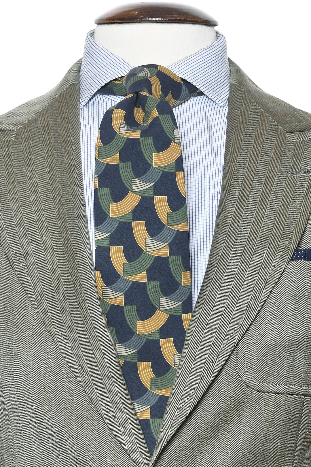 The Tie – Navy silk with yellow and green arcs – WICKET