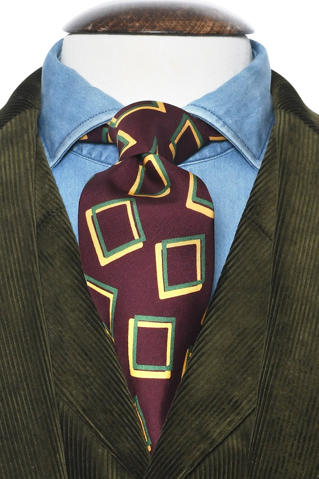 The Tie – Burgundy silk with green and yellow squares – WICKET
