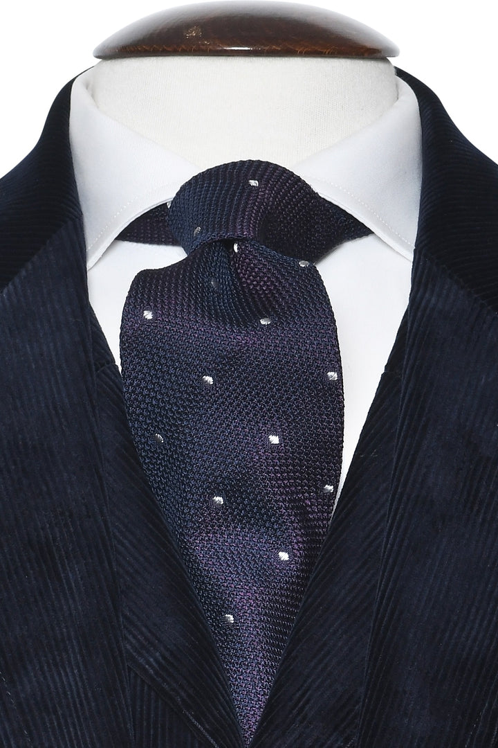 The Tie – Midnight blue and purple silk with white polka dots – WICKET
