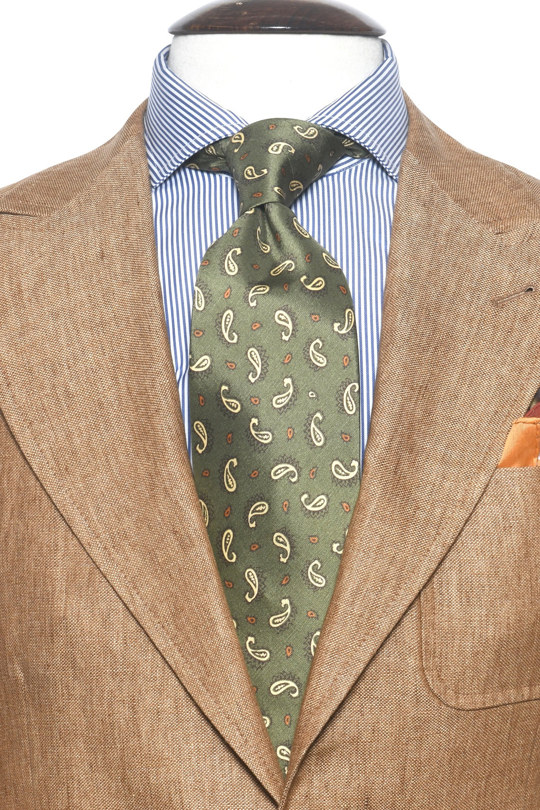 The Tie – Olive silk with cream paisley pattern – WICKET