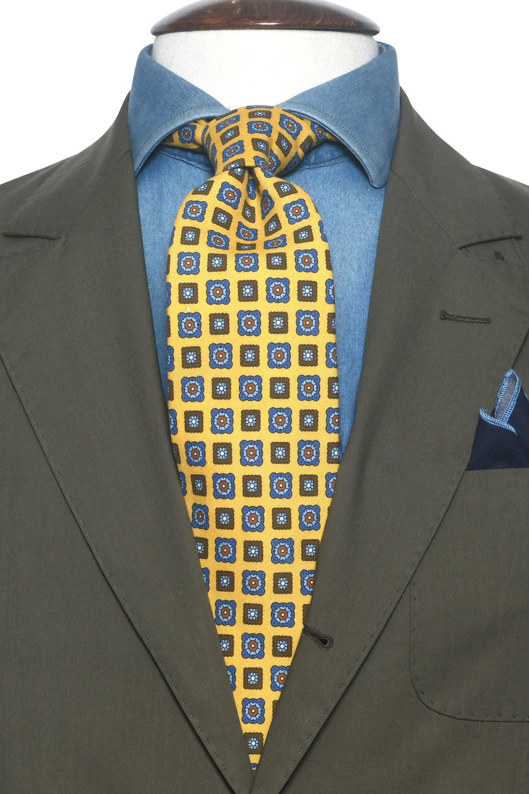 The Tie – Mustard silk with blue and brown squares – WICKET