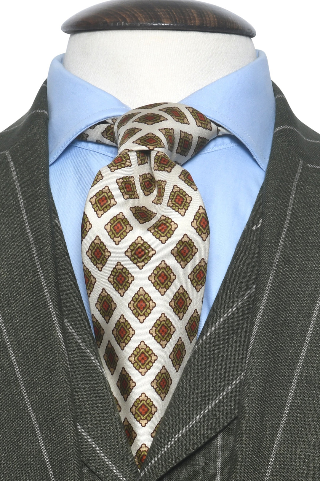 The Tie – Cream silk with green and orange medallions – WICKET