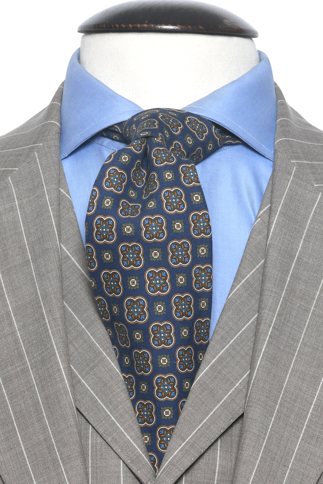 The Tie – Navy silk with ochre medallions – WICKET