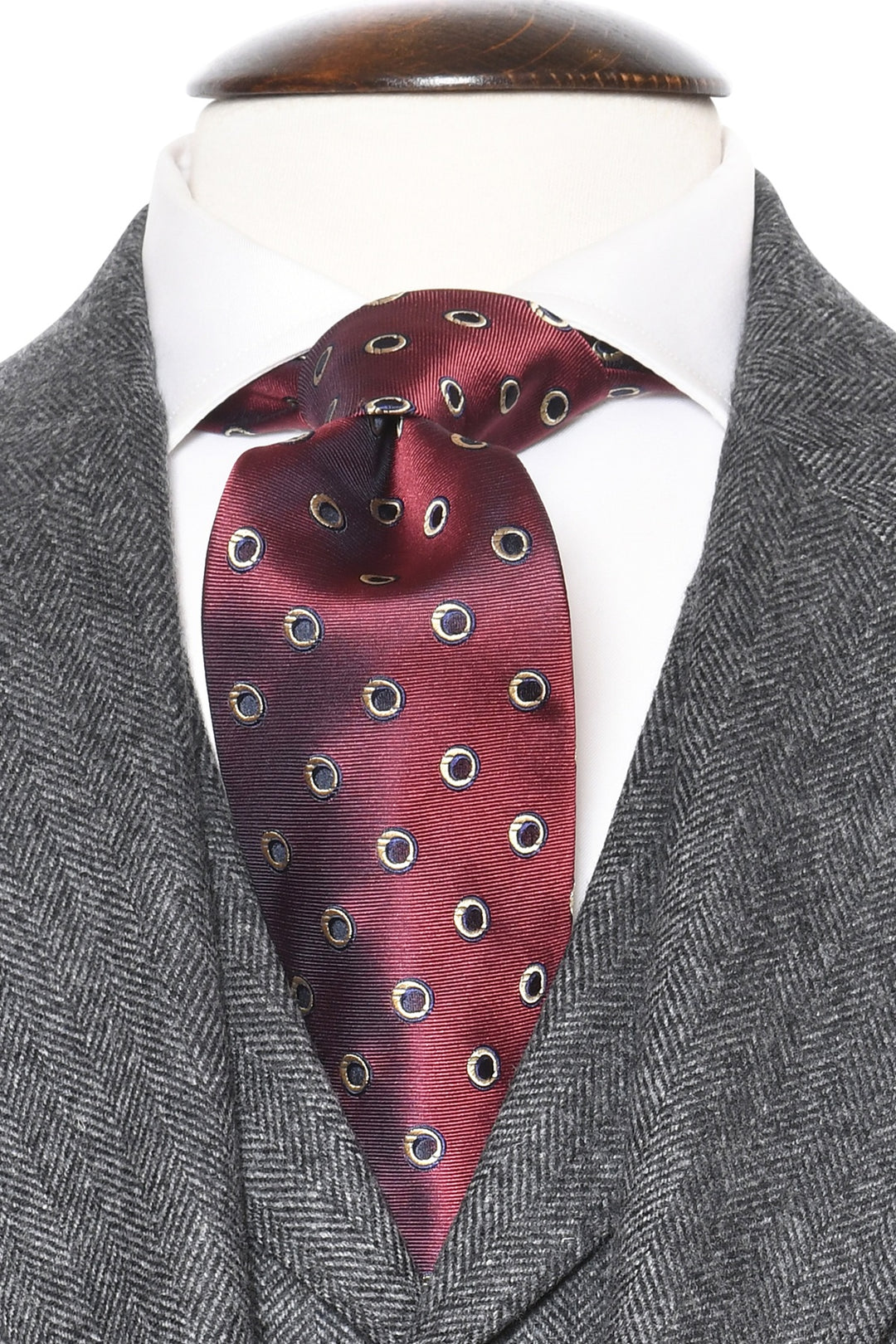 The Tie – Burgundy silk with gold-ringed polka dots – WICKET
