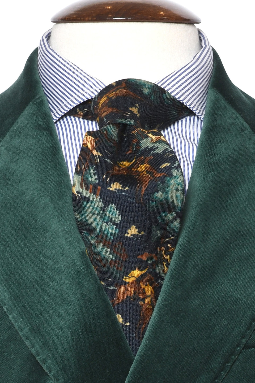 The Tie – Midnight blue silk with hunting landscape – WICKET