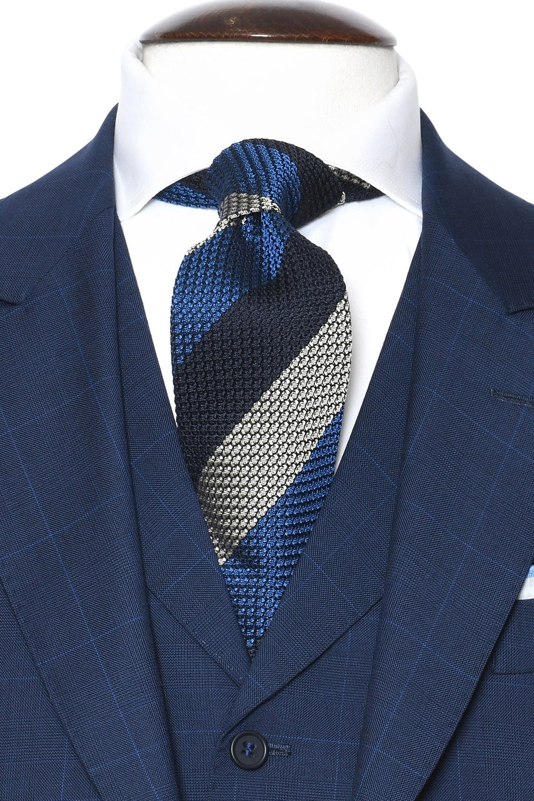 The Tie – Royal blue silk with navy and grey stripes – WICKET