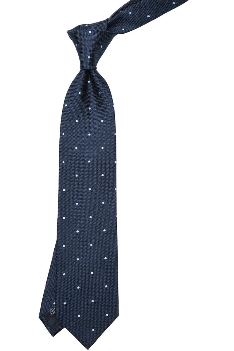 The Tie – Navy silk with sky blue polka dots – WICKET