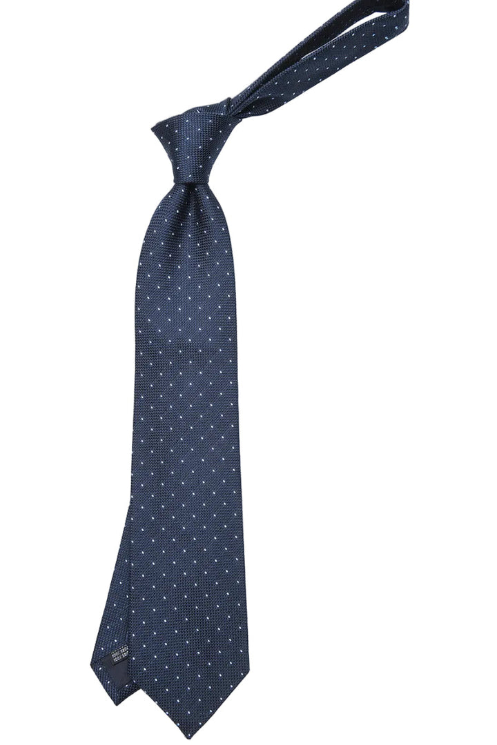 The Tie – Navy silk with small sky blue polka dots – WICKET