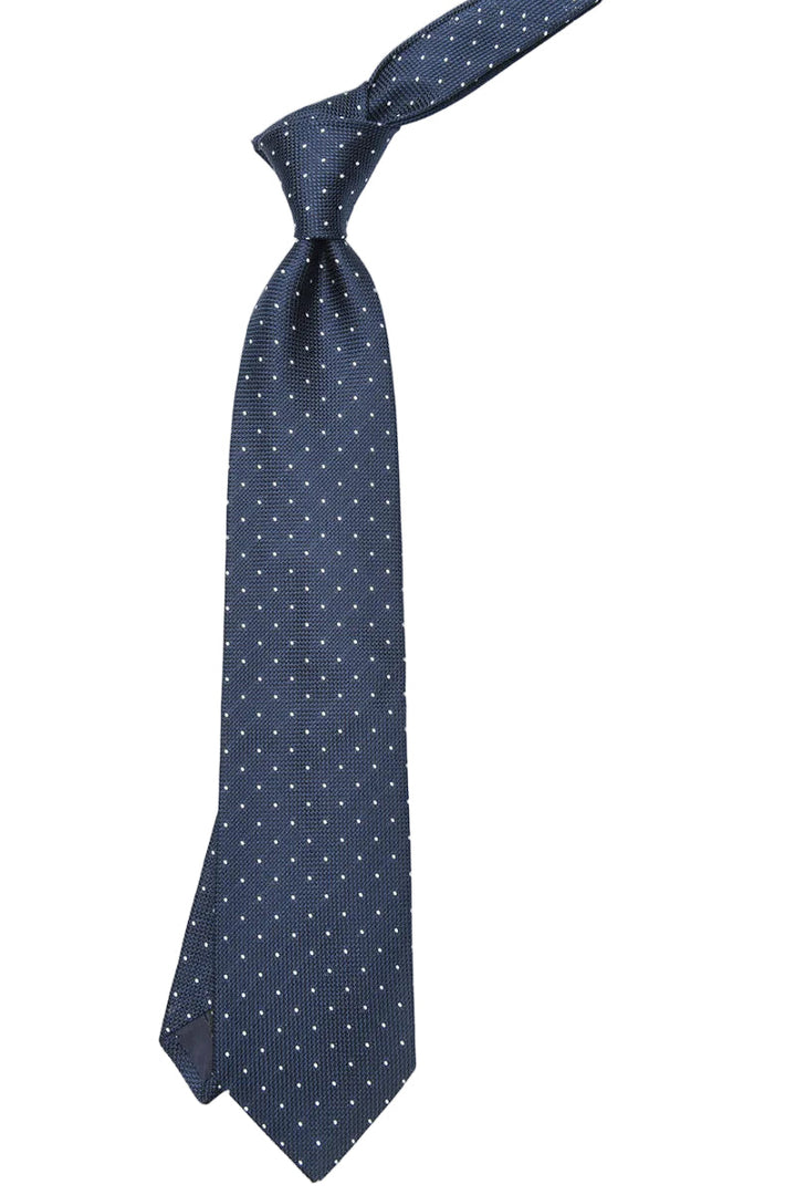 The Tie – Navy silk with small white polka dots – WICKET