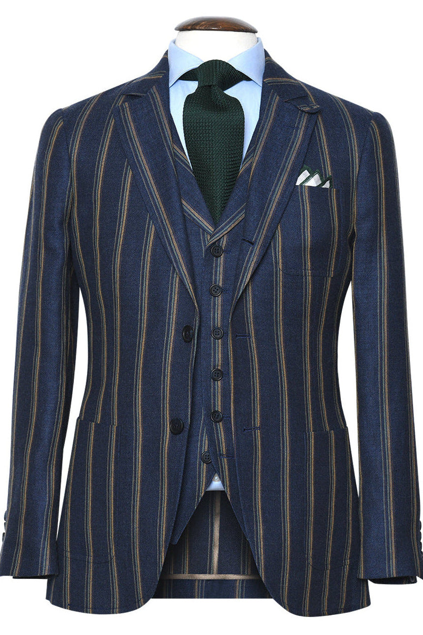 La Milan – Navy wool and linen with beige and almond green stripes – WICKET