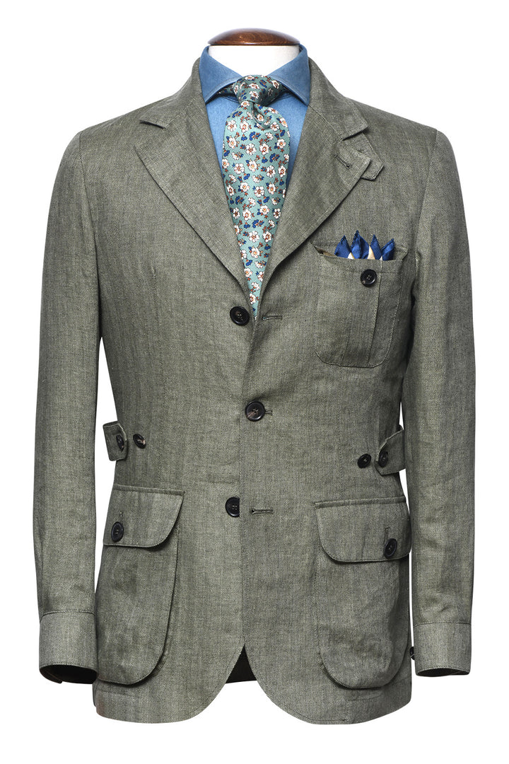 The Safari Jacket – Green and ecru white herringbone linen – WICKET