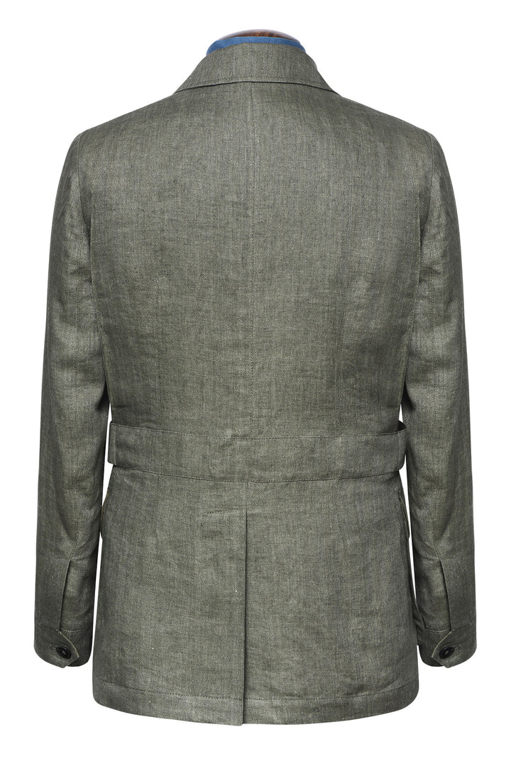 The Safari Jacket – Green and ecru white herringbone linen – WICKET