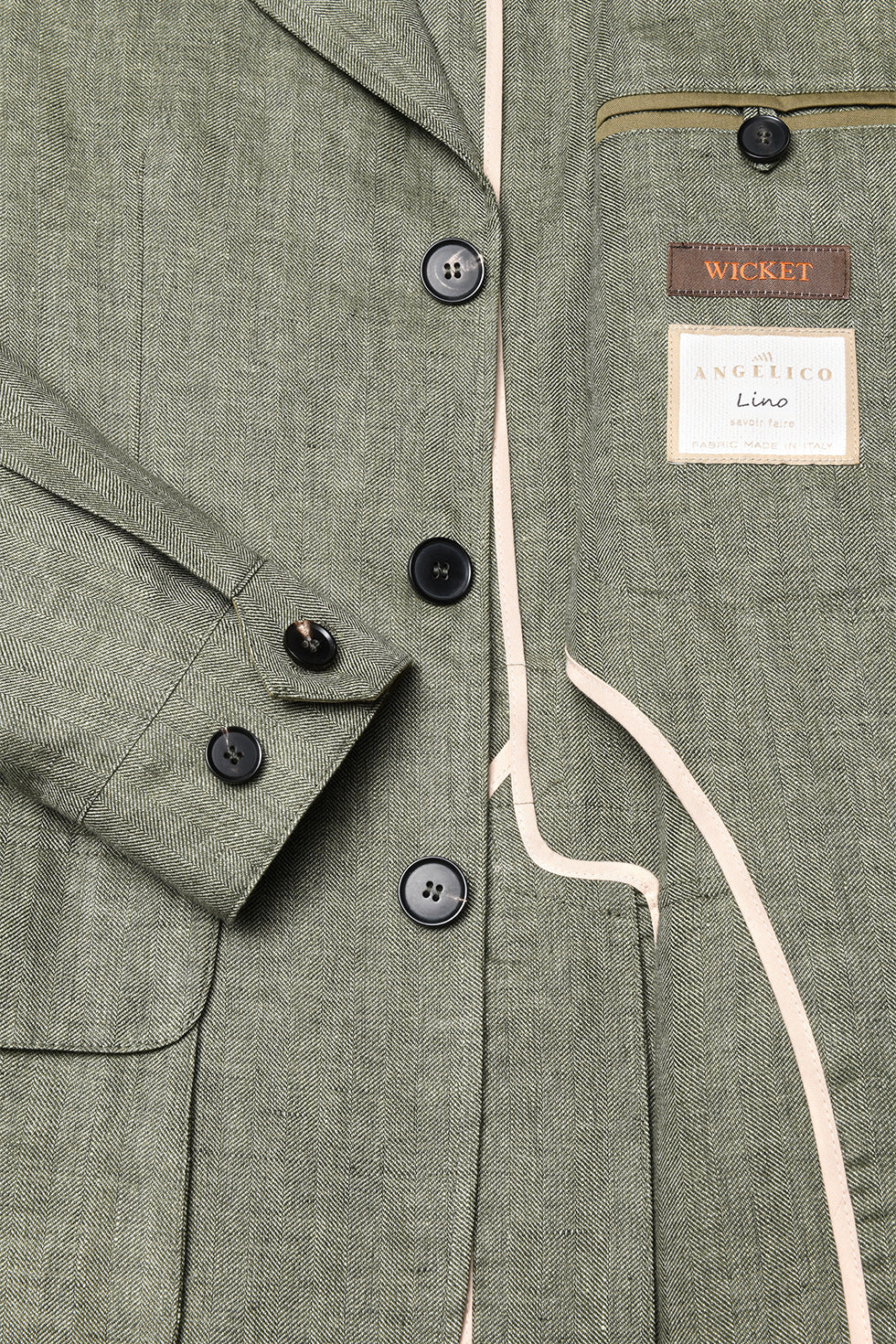 The Safari Jacket – Green and ecru white herringbone linen – WICKET