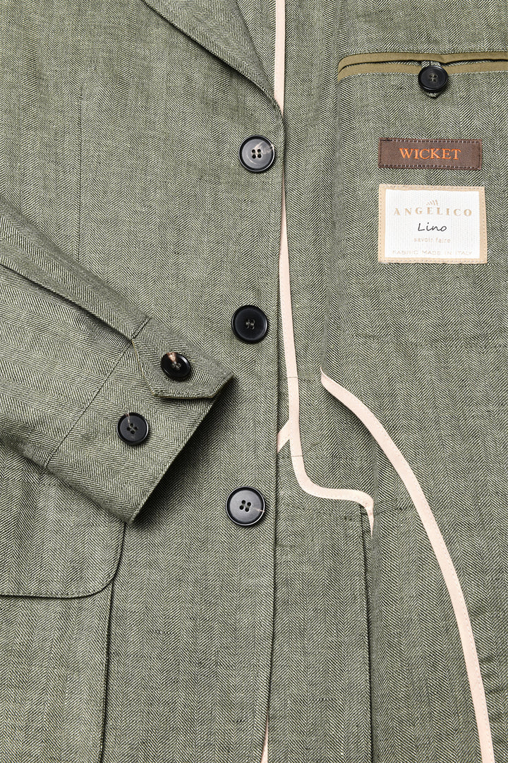 The Safari Jacket – Green and ecru white herringbone linen – WICKET