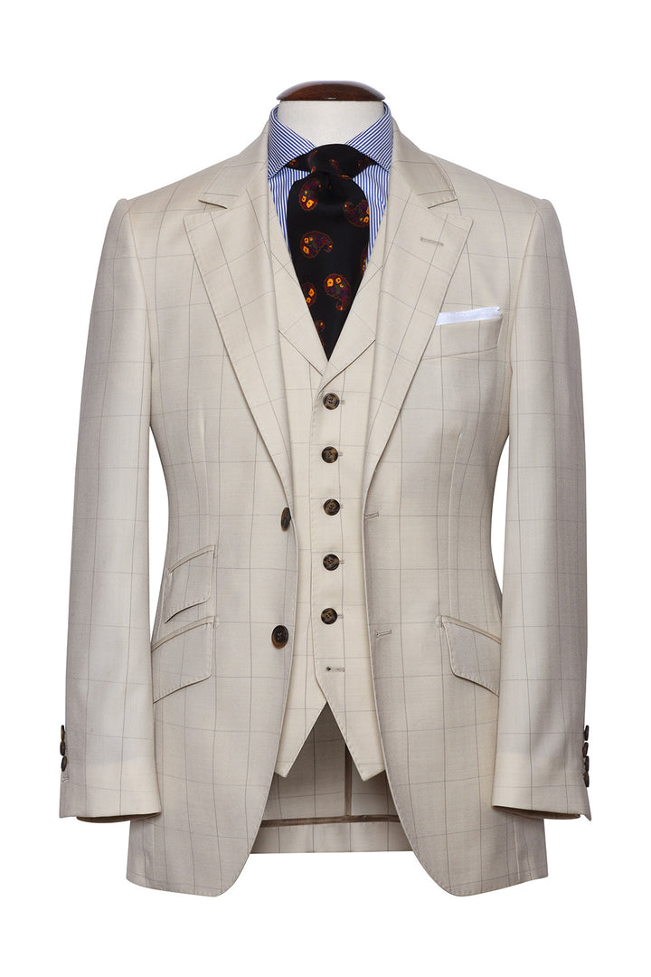 Le Kensington – Herringbone, ivory, with a brown overcheck – WICKET