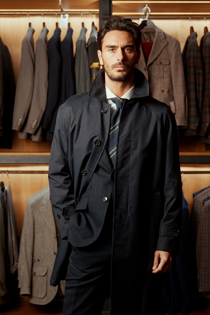 Le Somerset, navy raincoat – worn in the shop