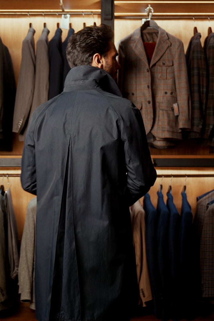 Le Somerset, navy raincoat – worn in the shop