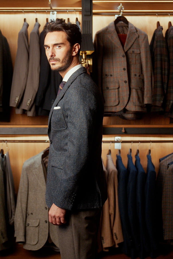 La Downton, flecked blue Donegal tweed – worn in the shop