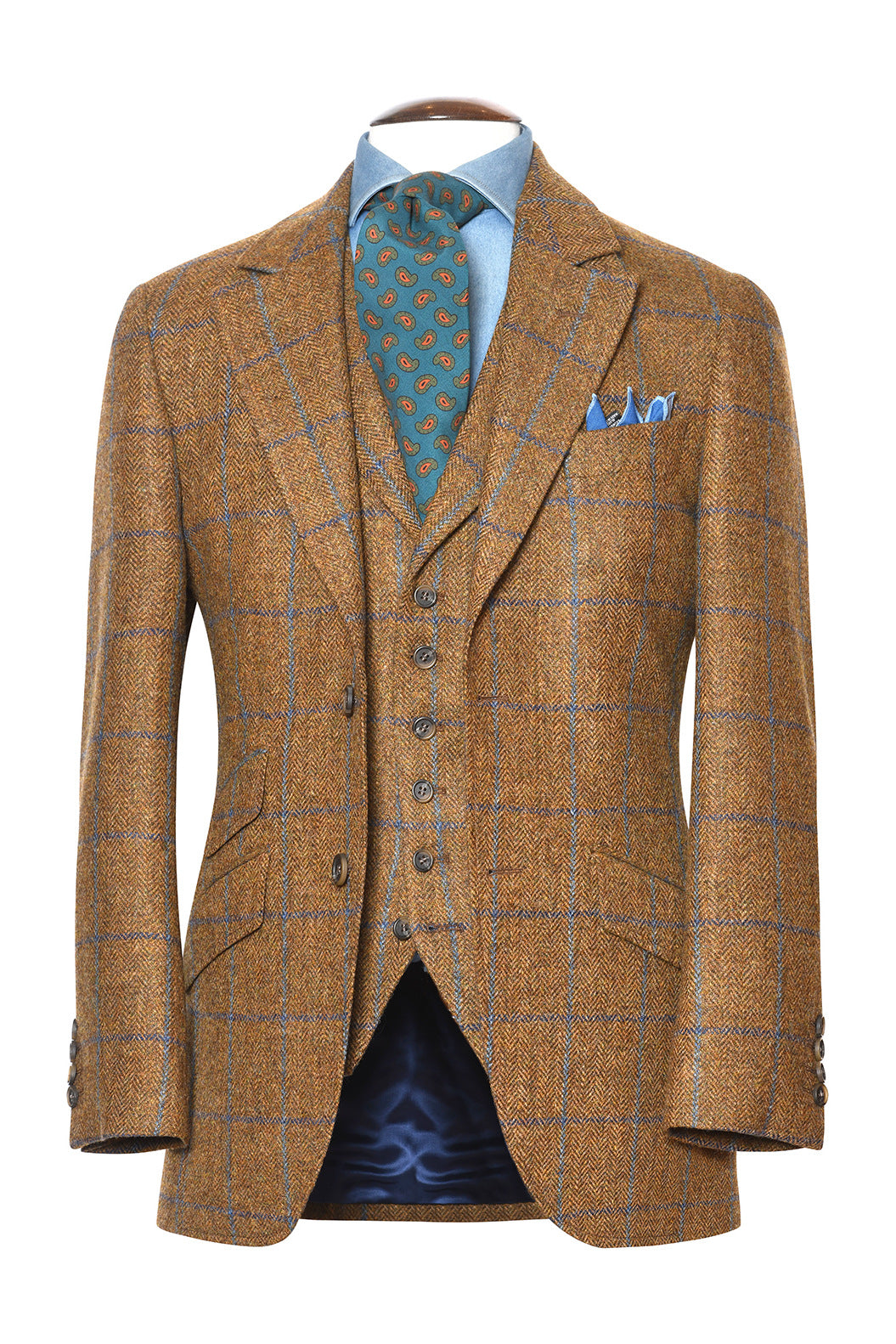 La Kensington – Beige tweed with navy and sky blue checks – WICKET