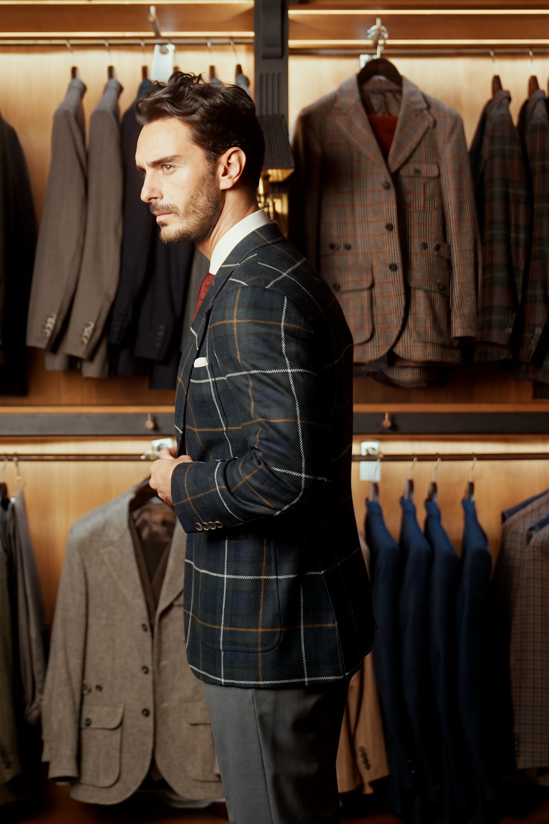 La Milan, blue and green tartan – worn in the shop