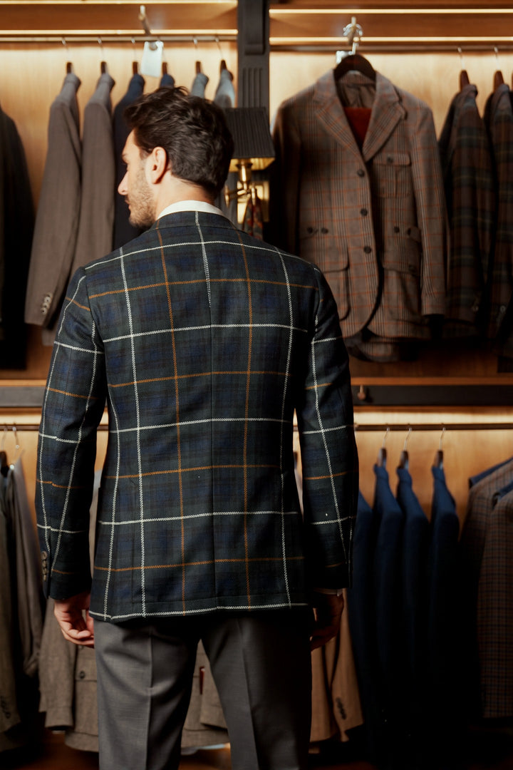 La Milan, blue and green tartan – worn in the shop