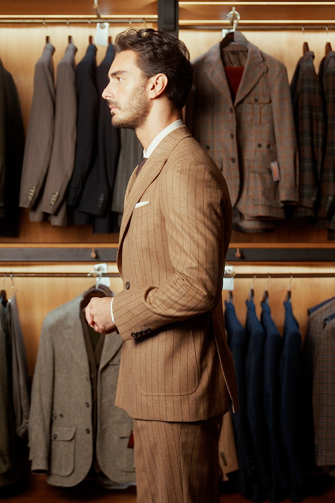 La Naples, beige flannel with brown stripes – worn in the shop