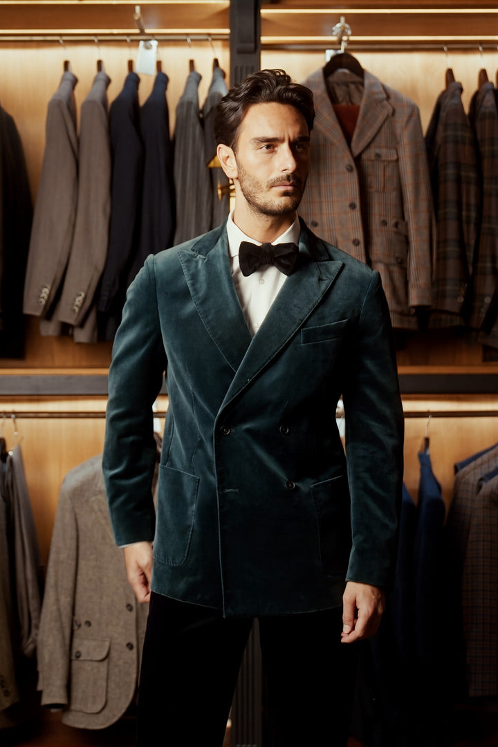 La Naples, emerald green panne velvet – worn in the shop
